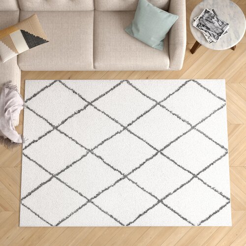 Geometric Diamond White/Grey Plush Shag Indoor Area Rug for Living Room, Bedroom